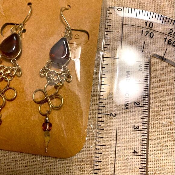NWT boho wire and glass brown teardrop tribal dangle earrings hook backs - Picture 5 of 6